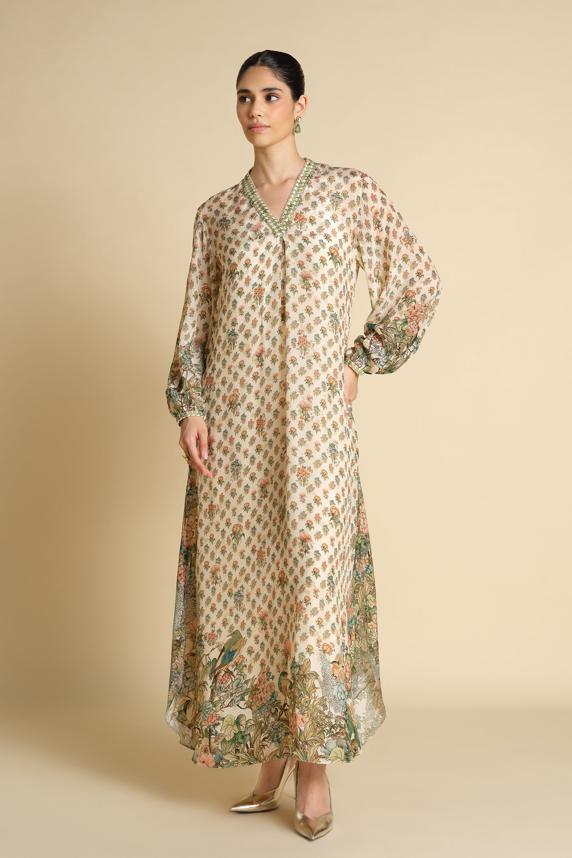 Fareeha Printed Kaftan - Ivory, Ivory, image 1